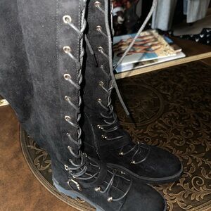 Black Lace-Up Knee-High Boots